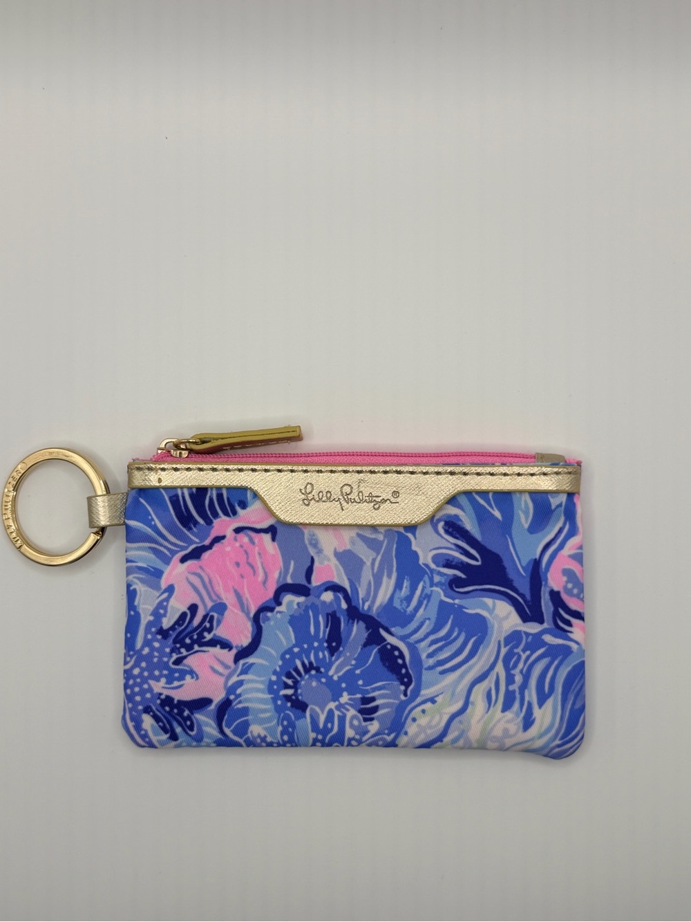 Lilly Pulitzer Blue Pink Floral Key & Card Holder with Gold Trim